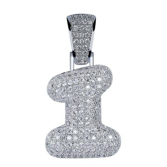 Silver Number Chain Pendant Necklace Women Men Iced Out Cubic Zirconia "1" Charm - Picture 3 of 3